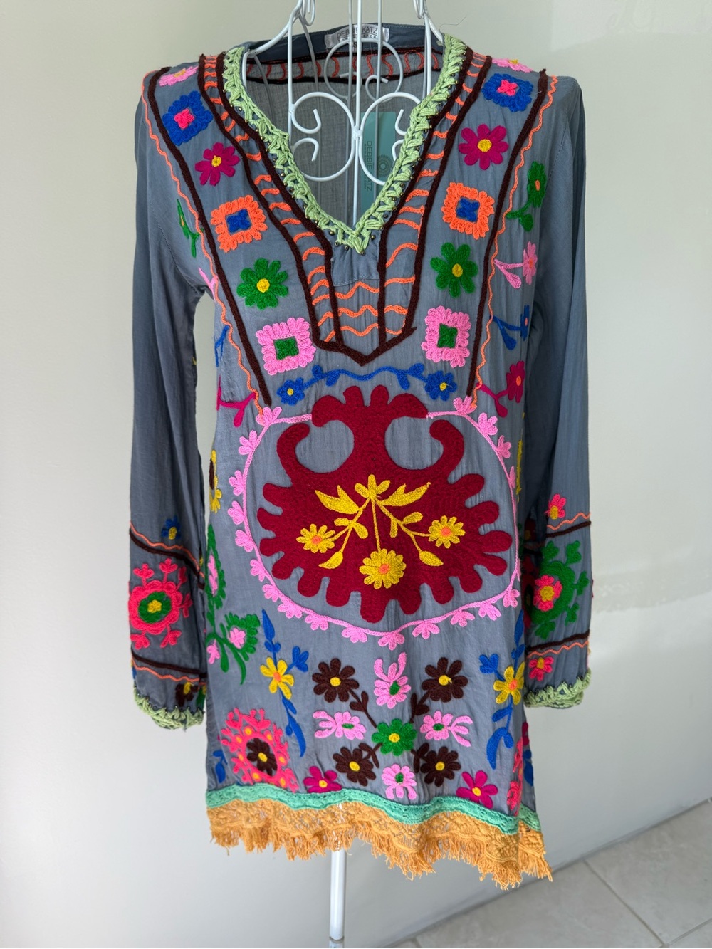 Debbie Katz South Beach S Embroidered Tunic Dress Gray Boho Floral Crochet